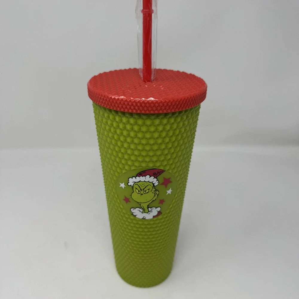 The Grinch Christmas Tumbler Cup Green Red Plastic Lid Straw‎ Drinkware Holiday